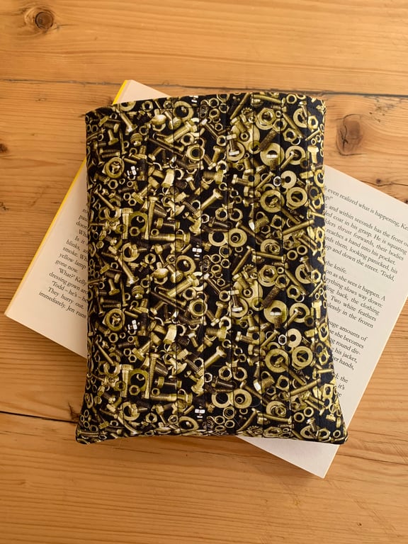 Nuts And Bolts Print Quilted Fabric Book Sleeve - Paperback Size