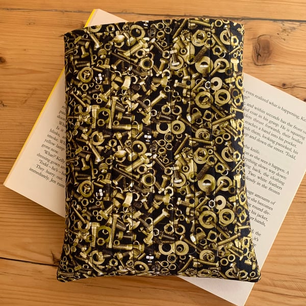 Nuts And Bolts Print Quilted Fabric Book Sleeve - Paperback Size