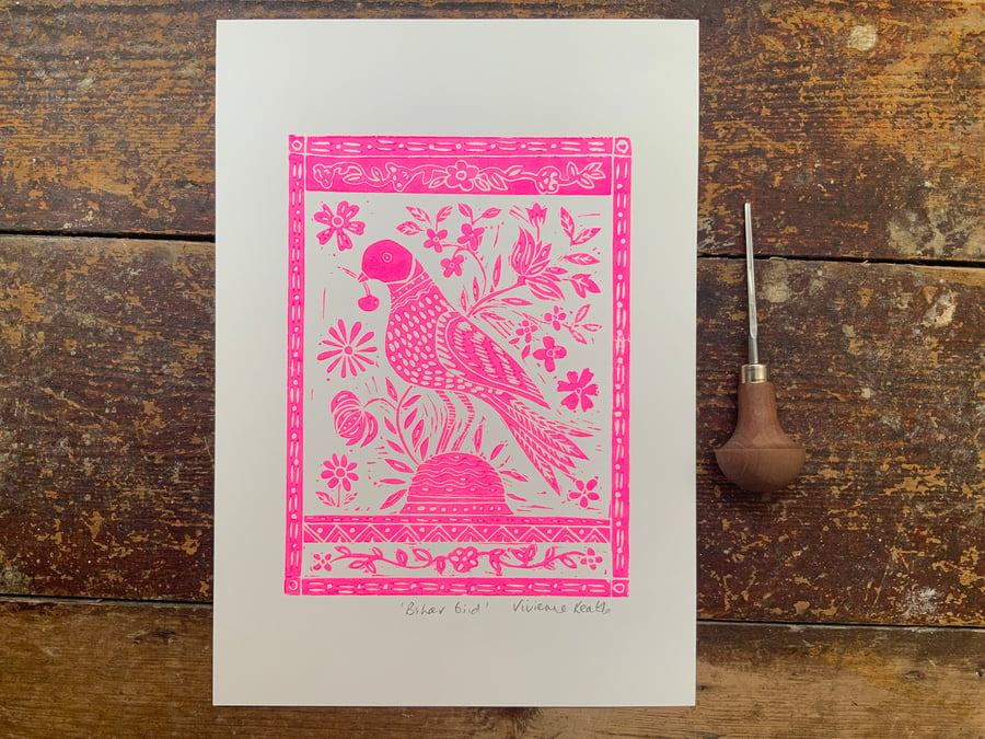 Linocut print Indian Folk Bird - Handprinted - A4 - Art Print - Wall Art