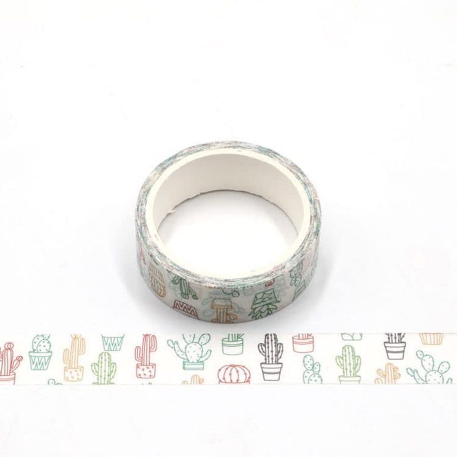 Cactus Plant Print Washi Tape Decorative Self Adhesive Masking Tape 15mm x 5 Met