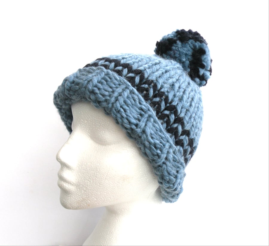 Mid Blue & Navy Blue striped beanie hat