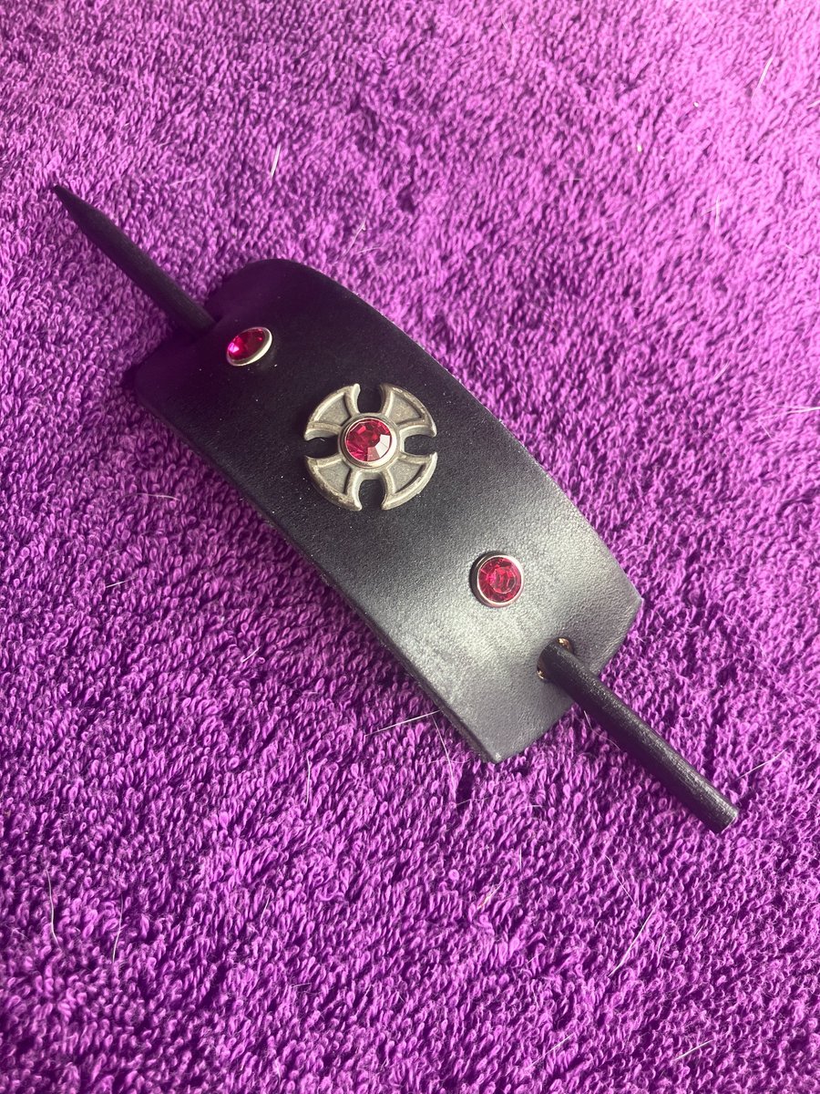 Dyed Black Leather Hair Stick Barrette - Iron Cross centre with 3 Red Gemstones