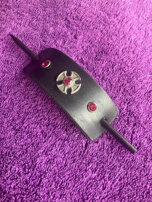 Dyed Black Leather Hair Stick Barrette - Iron Cross centre with 3 Red Gemstones