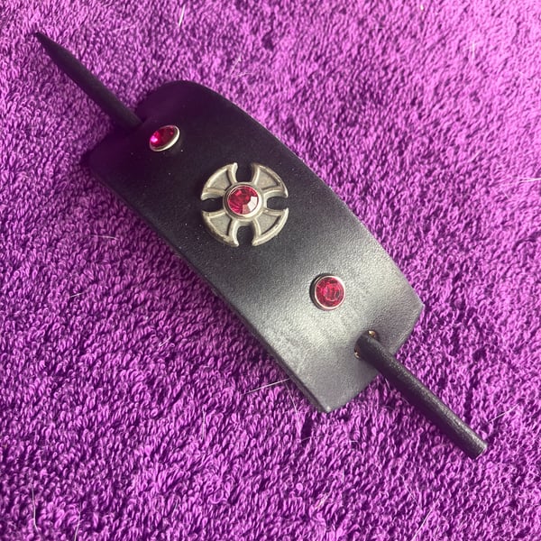 Dyed Black Leather Hair Stick Barrette - Iron Cross centre with 3 Red Gemstones
