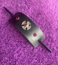 Dyed Black Leather Hair Stick Barrette - Iron Cross centre with 3 Red Gemstones
