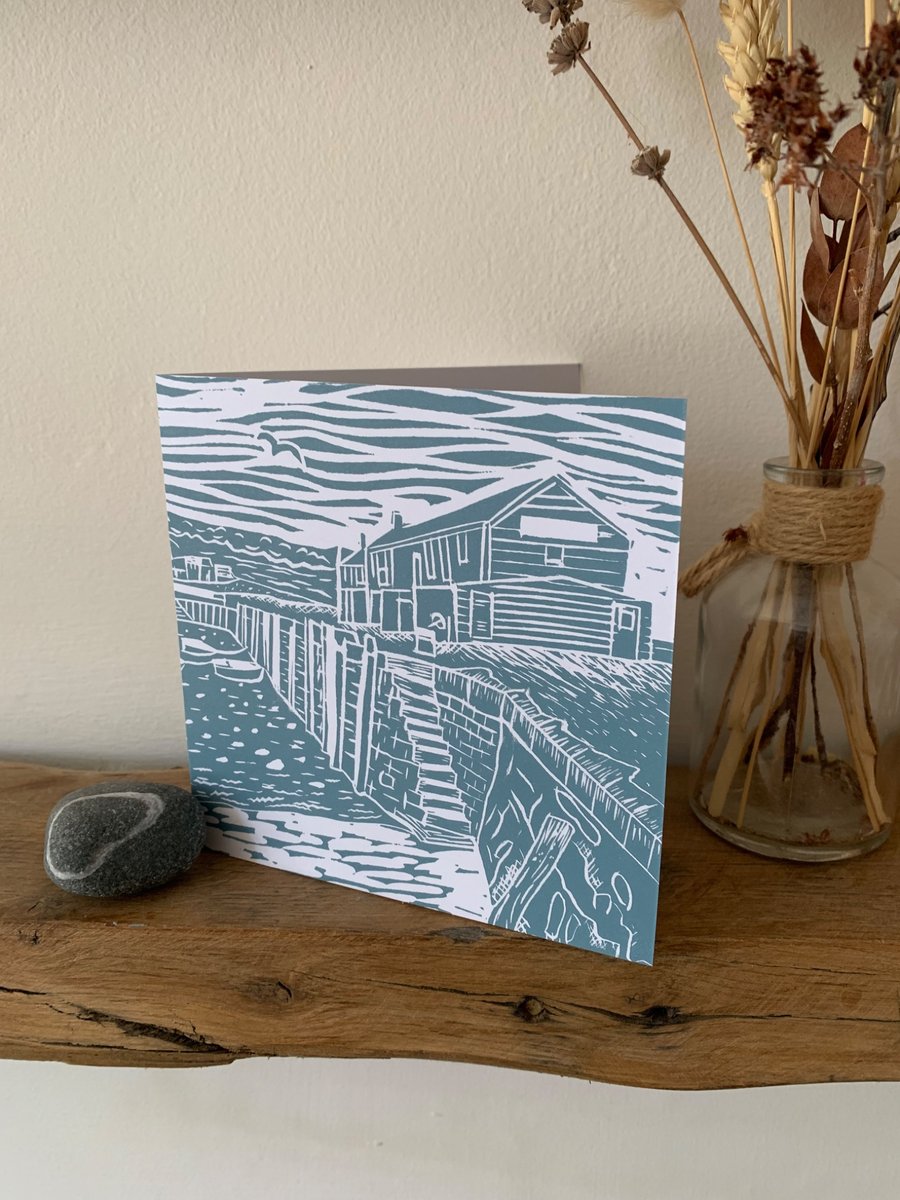 small original Lino print card of Lyme Regis Cobb with buildings
