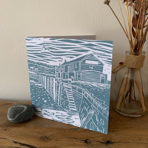 small original Lino print card of Lyme Regis Cobb with buildings
