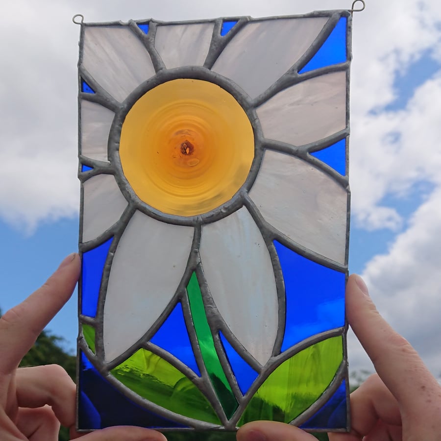 SOLD Stained glass white michaelmas daisy flower hanging panel in copperfoil 