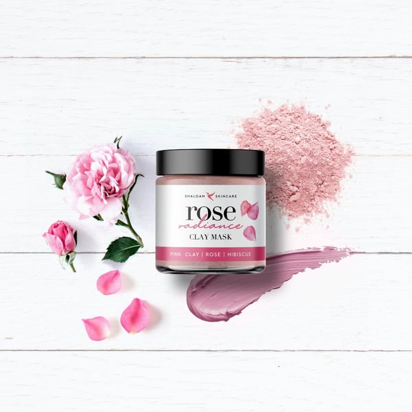 Rose Radiance Clay Face Mask with pink clay, rose petals, hibiscus, bamboo, rose