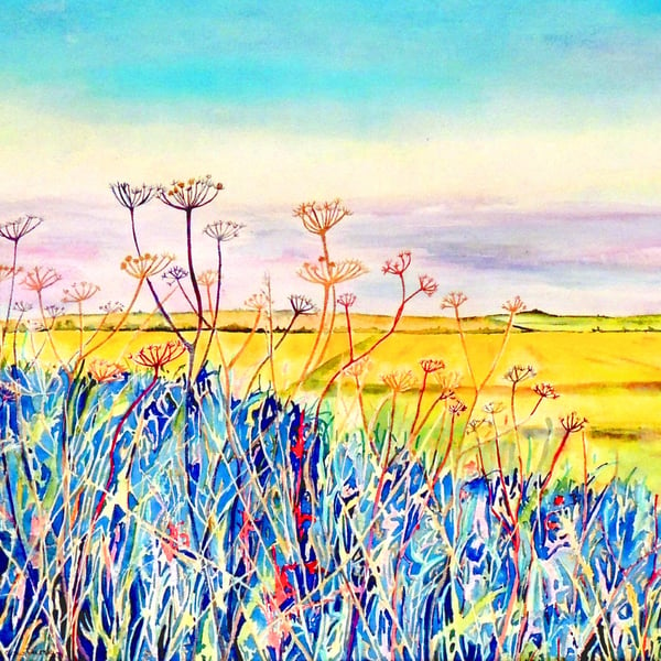 Fen Landscape Watercolour Original Painting of Summer Fields with Wild Flowers 