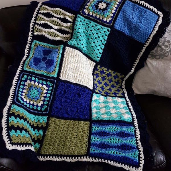 Shades of Blue & Green Crochet Sampler Blanket
