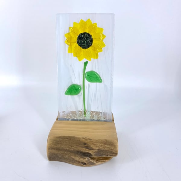 Fused Glass Sunflower in a Handcrafted Wood