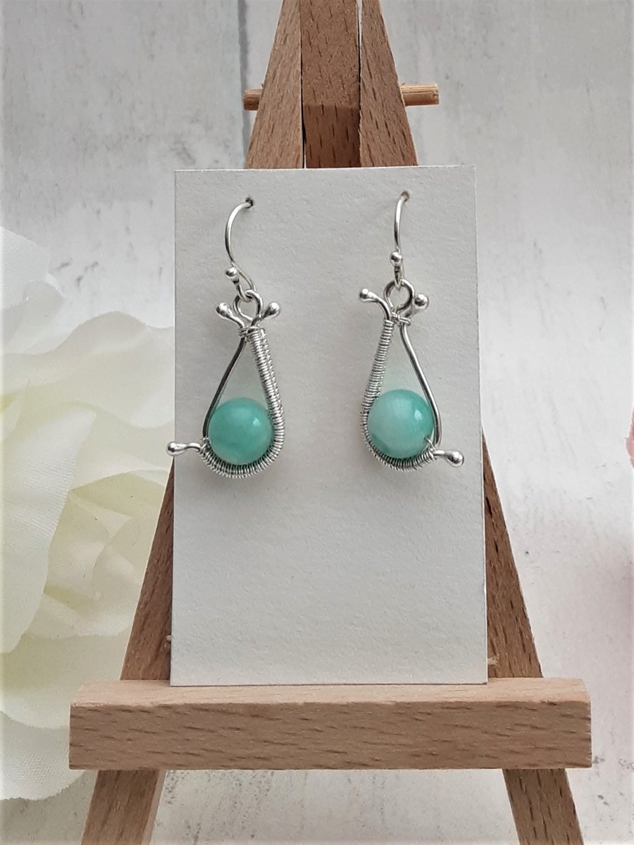 Amazonite wire wrapped bead dangle earrings throat chakra