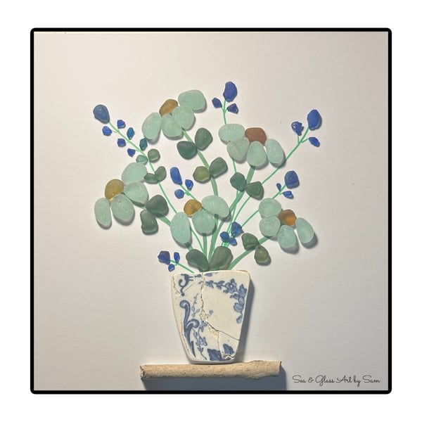 Handmade Sea Glass Flower Bouquet - Framed 8x8 Vintage Pottery Vase Art