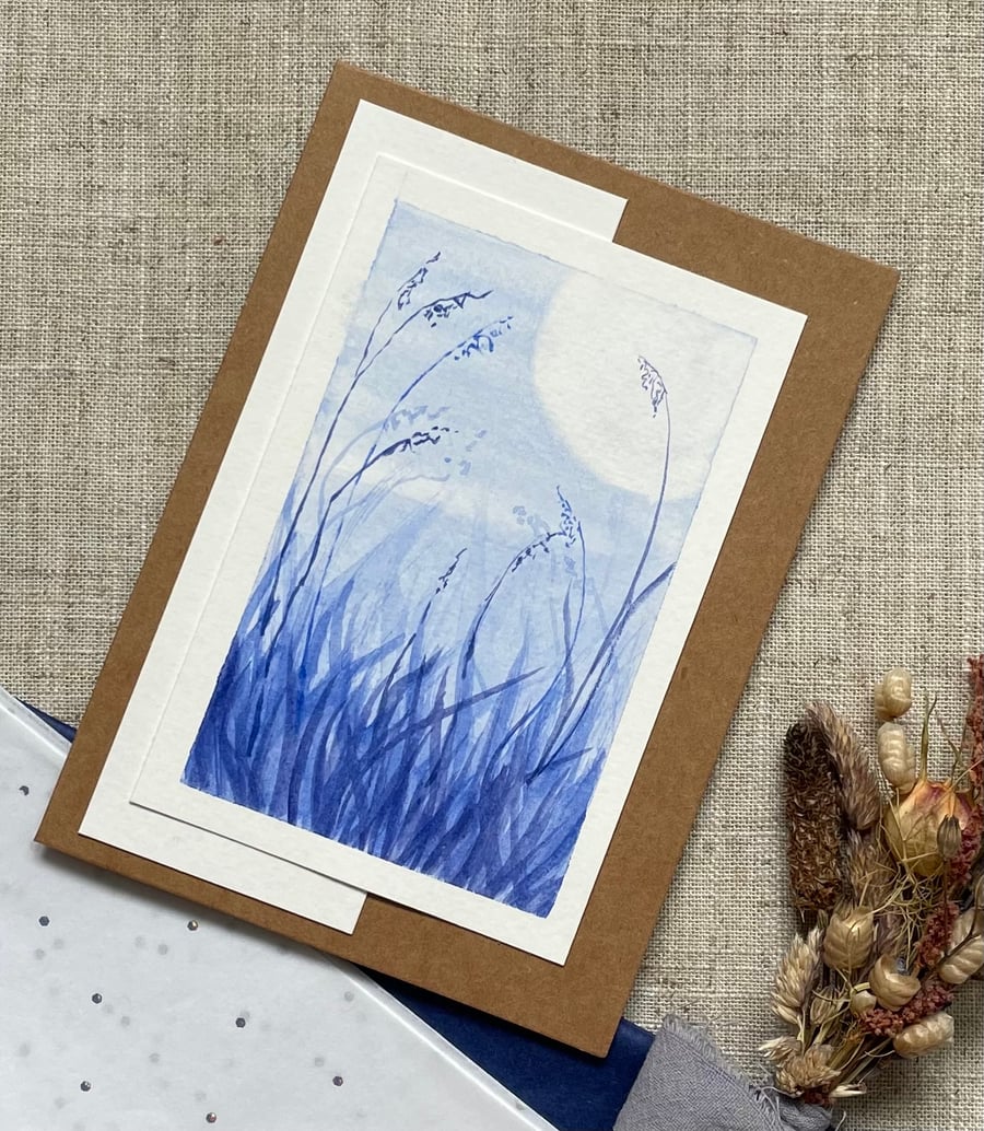 Blank greeting card, hand painted grasses in the moonlight, original artwork. 