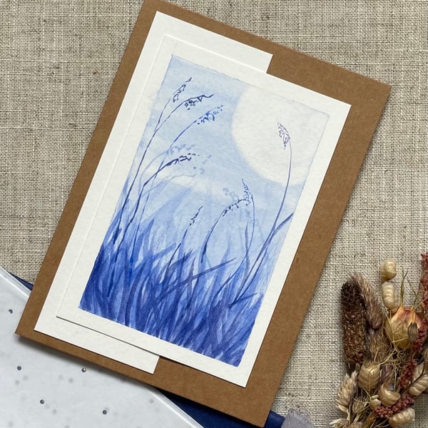 Blank greeting card, hand painted grasses in the moonlight, original artwork. 