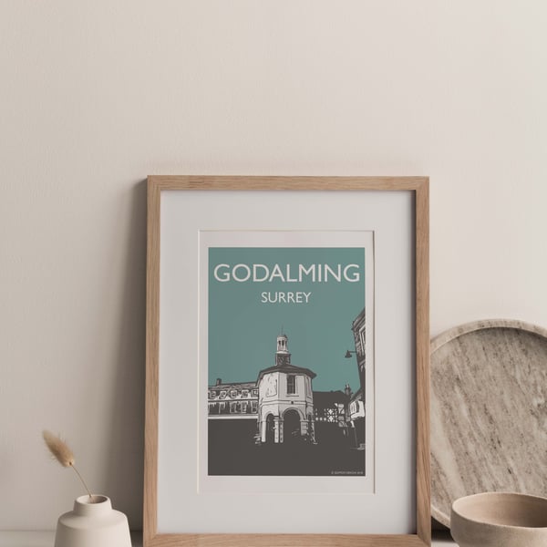 Godalming TEAL, Surrey Giclee Travel Print Pink