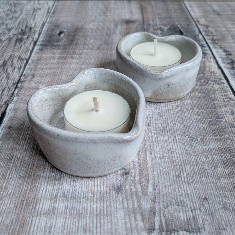 Perfectly imperfect Pair of white ceramic heart tealight holders