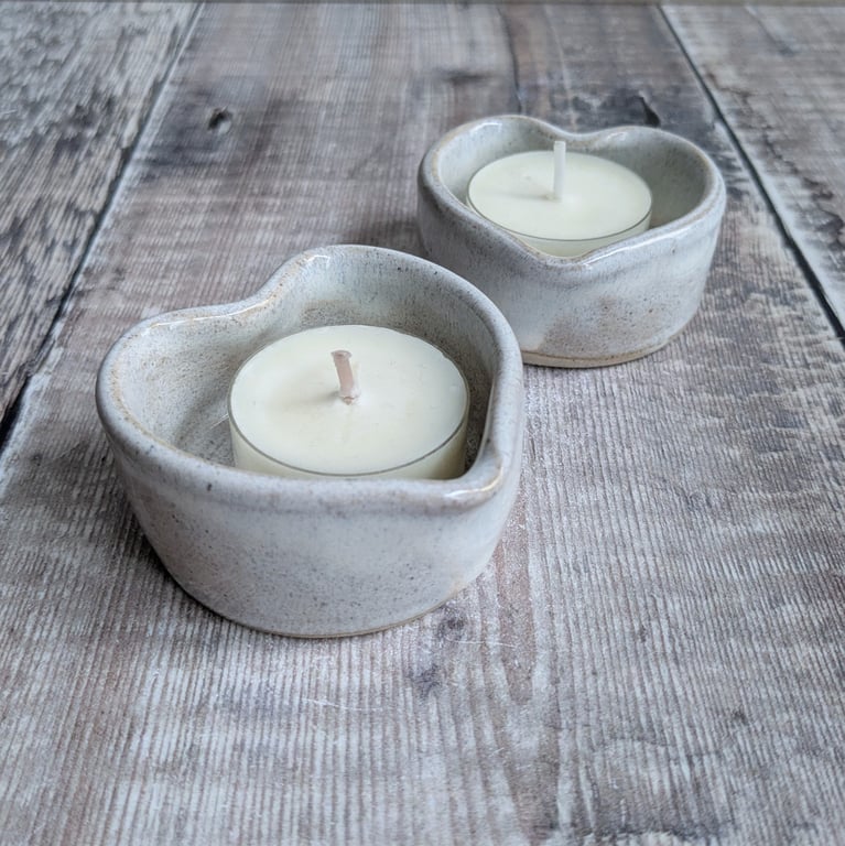 Perfectly imperfect Pair of white ceramic heart tealight holders