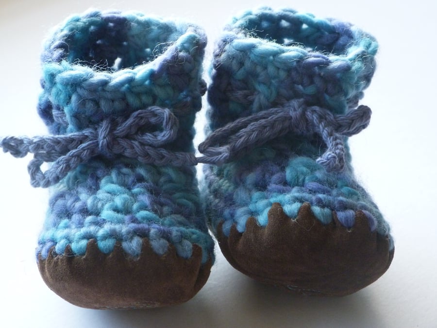 Wool & leather baby boots - Blue turquoise - 3-6 months