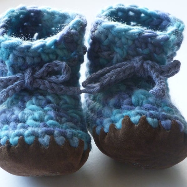Wool & leather baby boots - Blue turquoise - 3-6 months