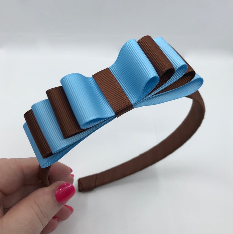 Brown Hairband with 5 Layer Brown and Light Blue Two-tone Straight Bow