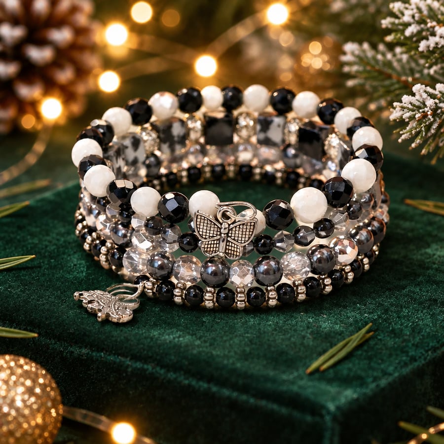 Black White Beaded Stack Bracelet Butterfly Elephant Charms