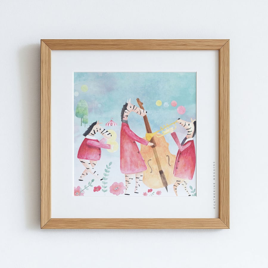 Illustrated Giclee Art Print - The Zebra Band - Playroom Wall Art