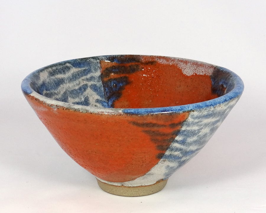Eye-catching ceramic bowl in blue white and orange - handmade stoneware pottery