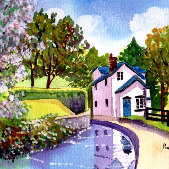 Llangollen Canal, North Wales, Watercolour Print, in 8 x 6 '' Mount