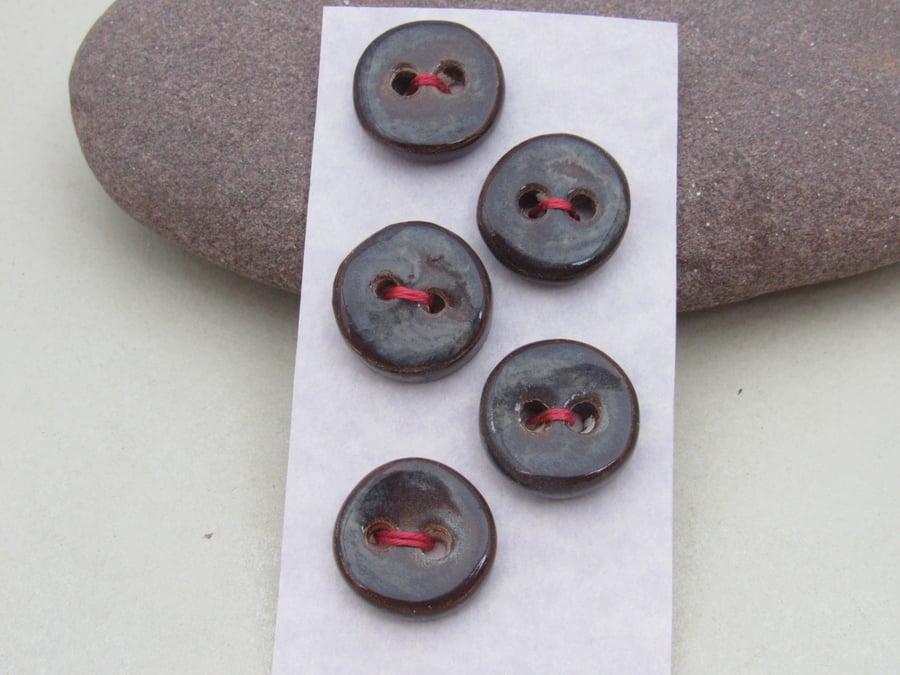 5 Small Round Dark Amethyst Handmade Ceramic Buttons