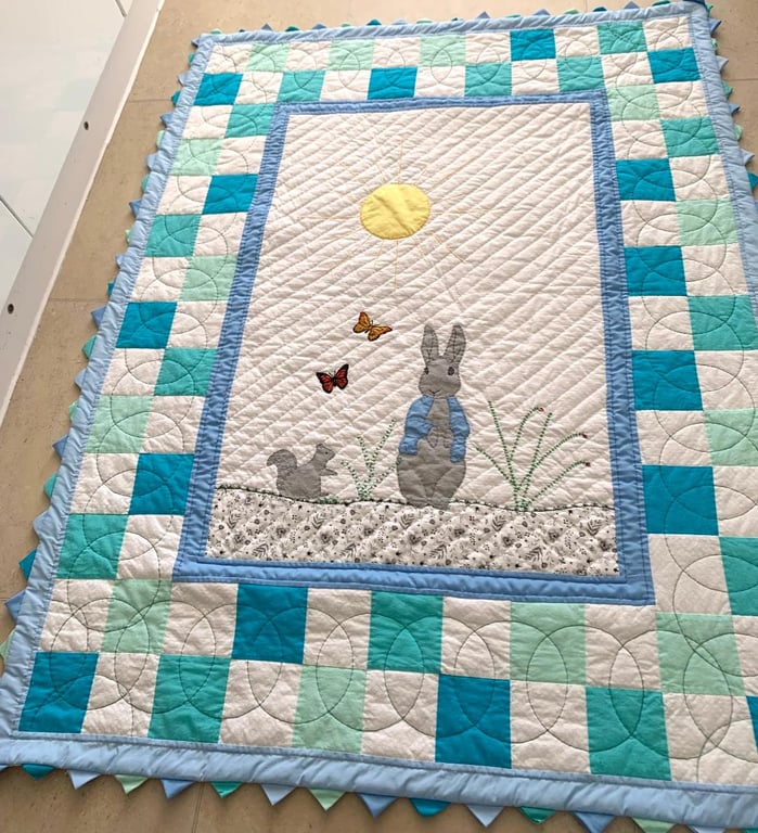 Hand Quilted Mr P Rabbit Baby or Toddler Quilt