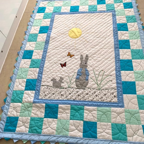 Hand Quilted Mr P Rabbit Baby or Toddler Quilt
