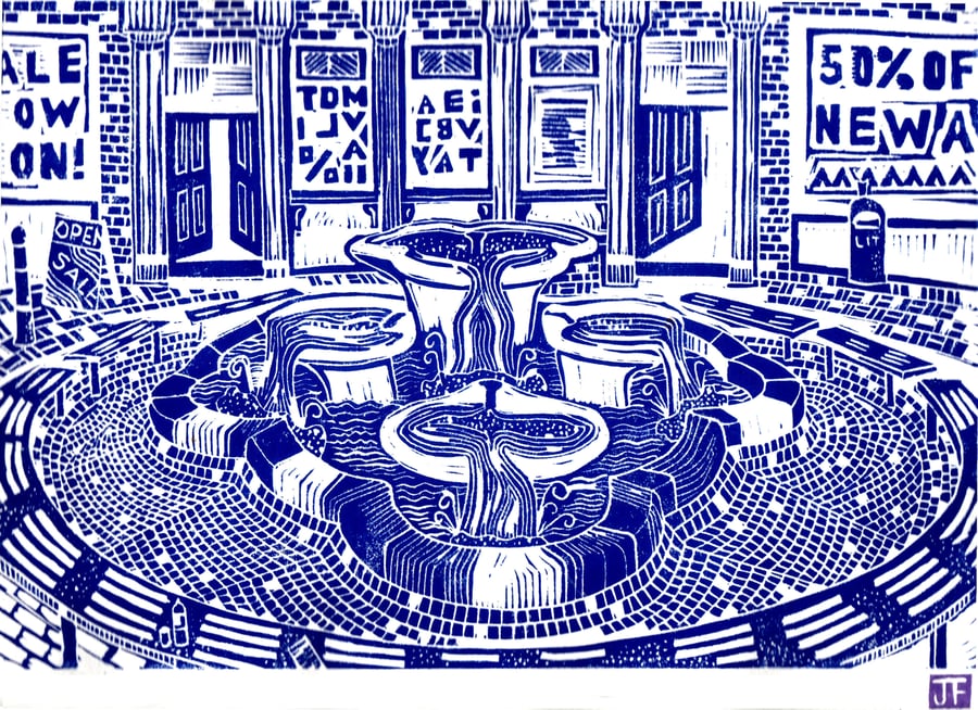 The Lily Pad Fountain, Nuneaton, linocut print by John Freeman