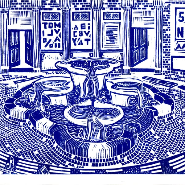The Lily Pad Fountain, Nuneaton, linocut print by John Freeman