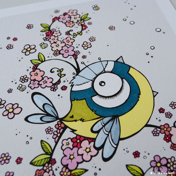bluetit in blossom - hand coloured A4 print