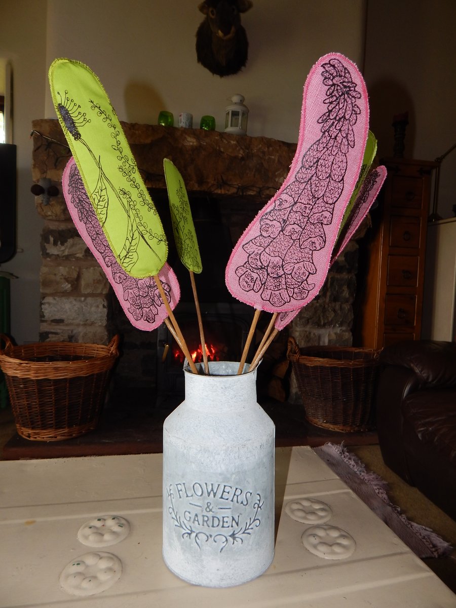 Willow and fabric flowers- Screen printed  - Foxglove and Hedgerow Plants