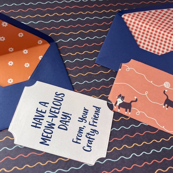 Handmade Cat Blue small Envelopes - Shimmer card Inserts x 5
