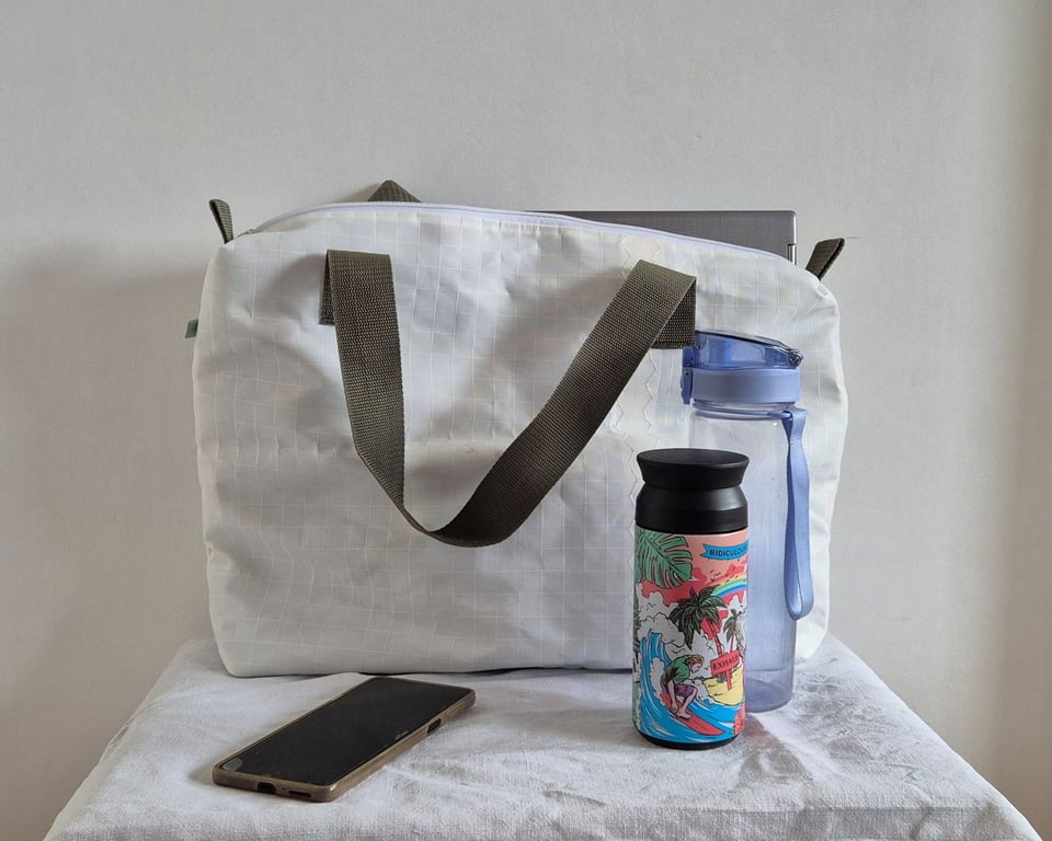 Upcycled Sailcloth Work Bag – Zipped Office Tote with Olive Green Handles