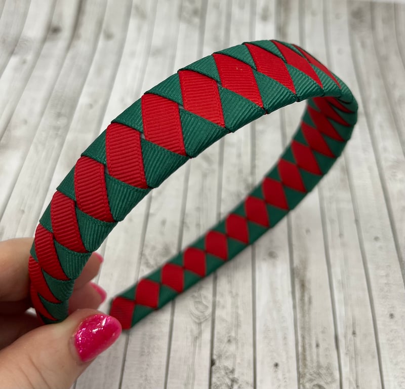 School Hunter Green and Red Diamond Pleated Hairband
