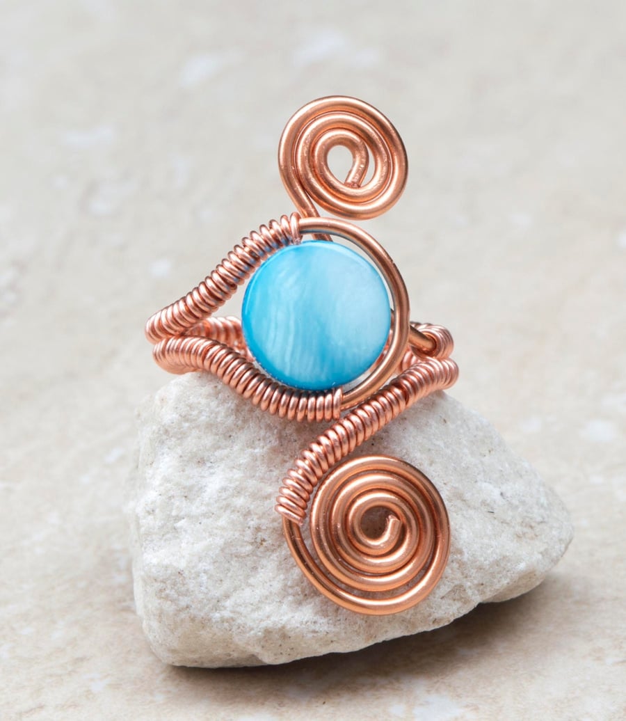 Spiral copper ring .Blue shell ring-adjustable, spiral design ring ,adjustable