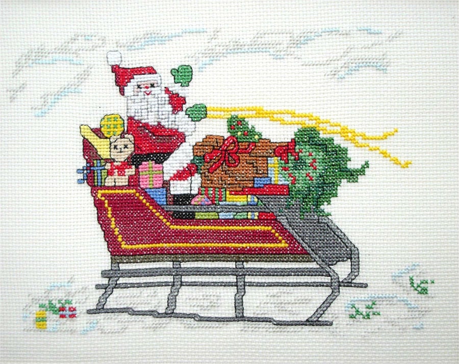 Christmas Ready to go Father Christmas on sleigh with presents cross stitch kit