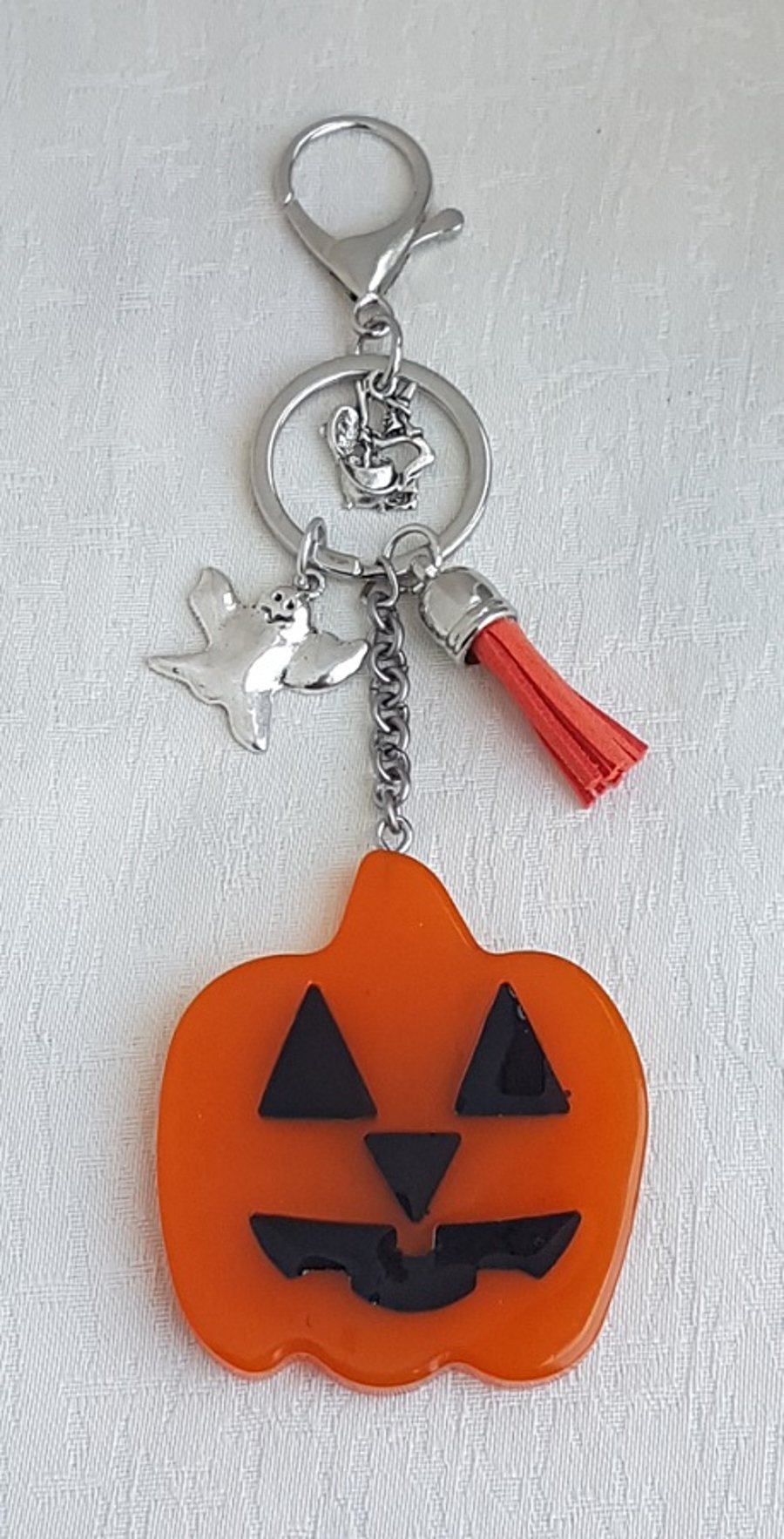 Quirky Large Pumpkin Key Ring - Bag Charm with Ghost and Witch Charms