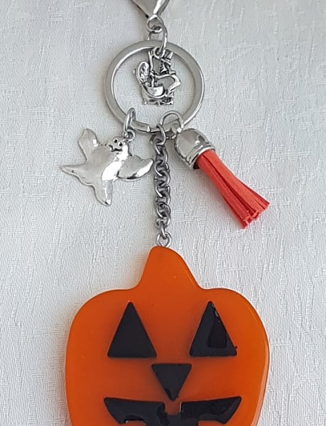 Quirky Large Pumpkin Key Ring - Bag Charm with Ghost and Witch Charms