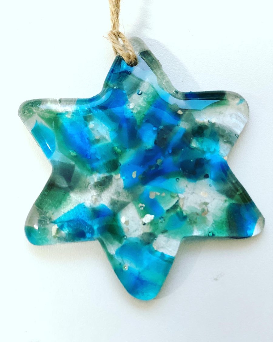  Blue and green  glass star hanging decoration