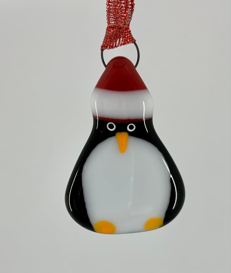 Handmade Fused Glass Penguin Hanging Christmas Decoration 