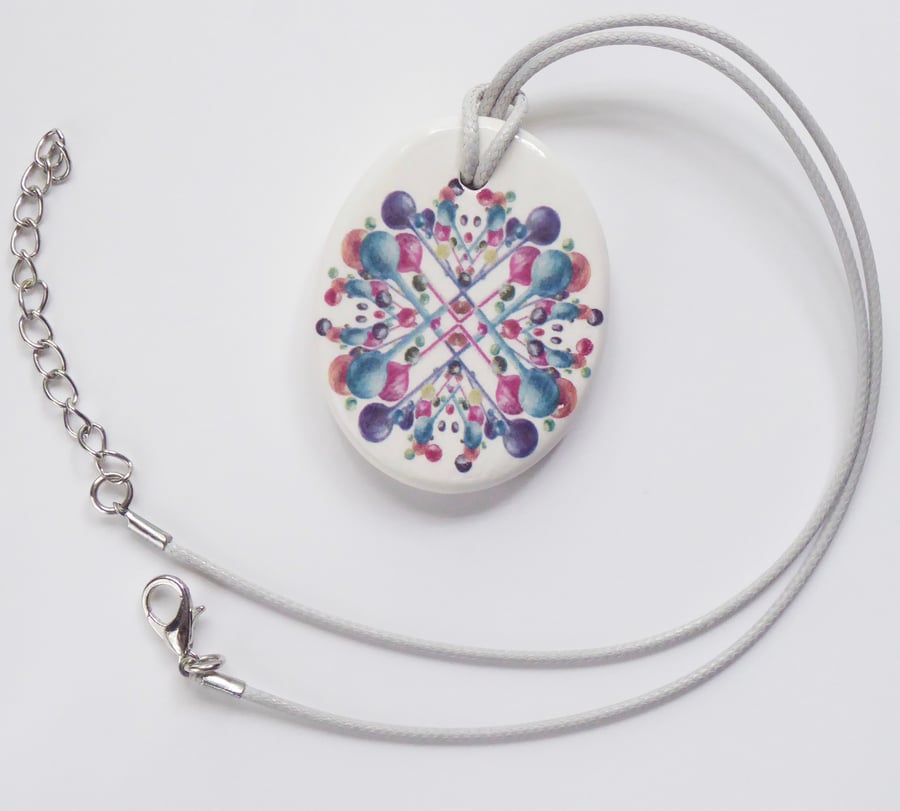 Multicoloured Bubble Pattern Ceramic Pendant on Grey Cord with Lobster Clasp