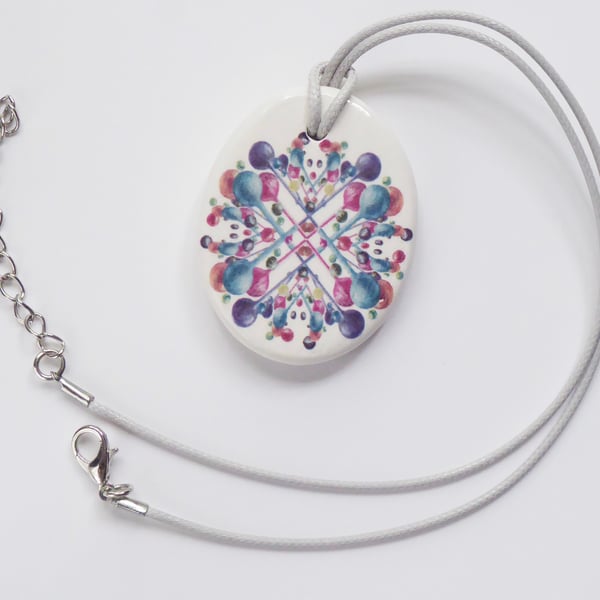 Multicoloured Bubble Pattern Ceramic Pendant on Grey Cord with Lobster Clasp