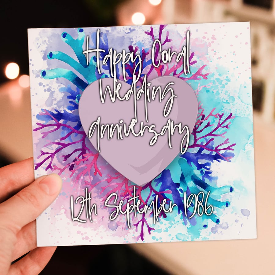Coral (35th) anniversary card: Personalised with date