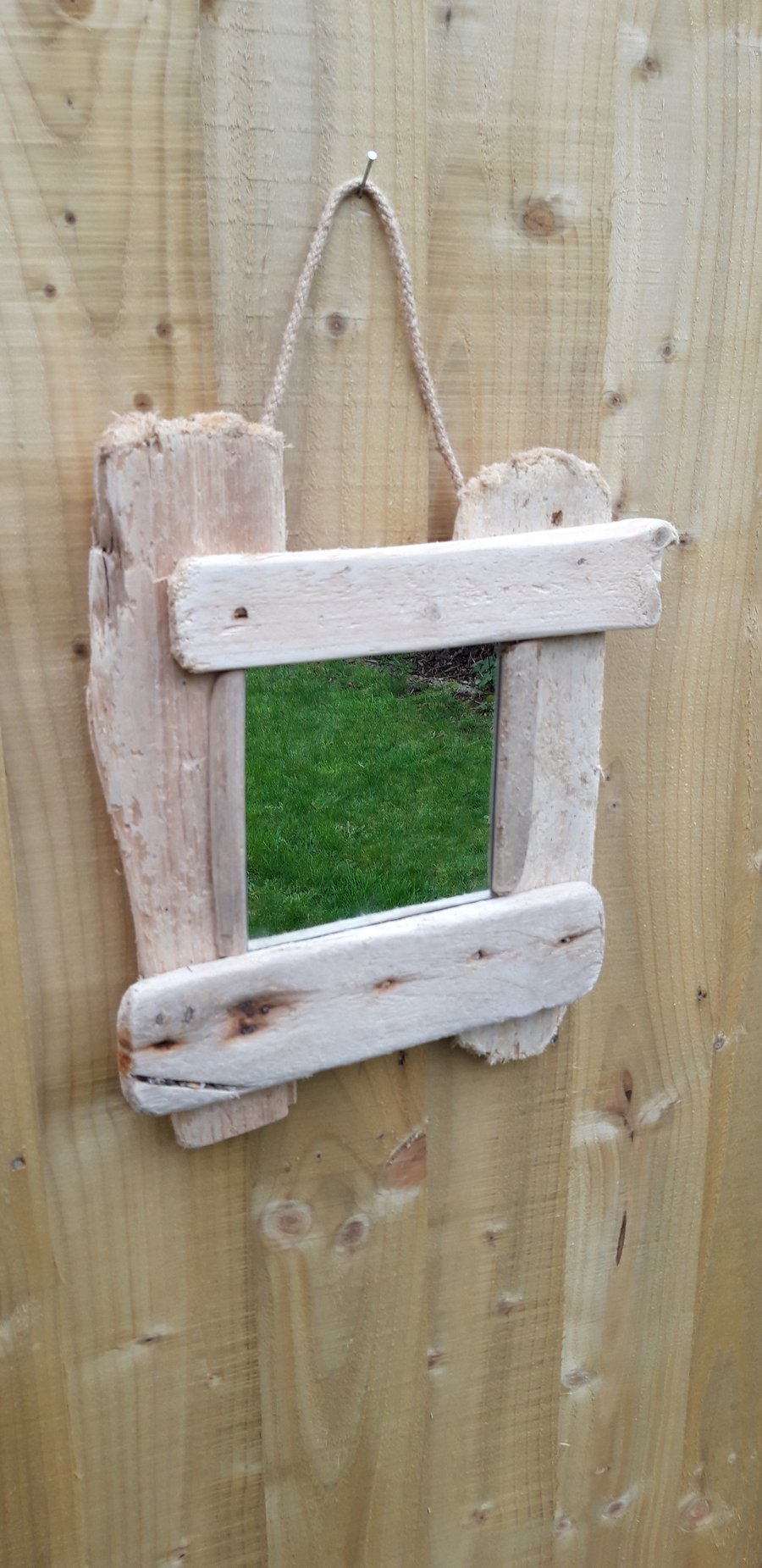 Driftwood mirror with rope hanger